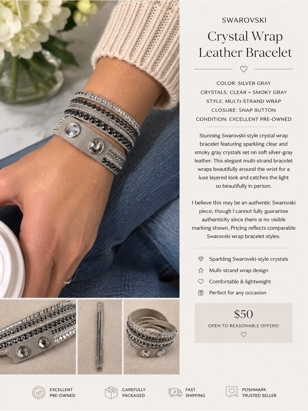 Swarovski Silver Gray Multi-Strand Crystal Wrap Bracelet